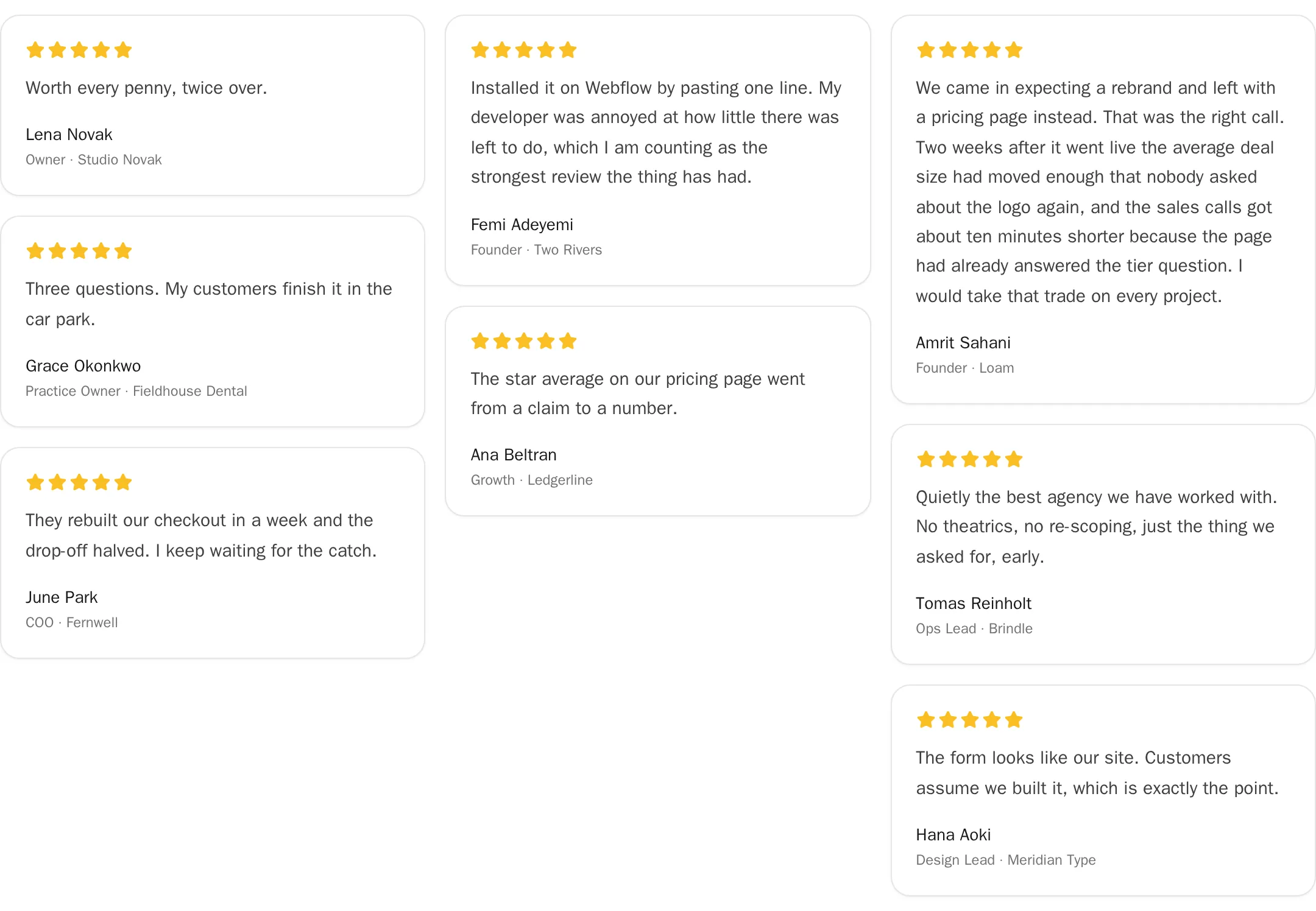 A three-column testimonial wall where the cards are wildly different sizes: a five-word card reading Worth every penny, twice over, several two-line cards, and one card carrying a sixty-word paragraph that runs the full height of its column