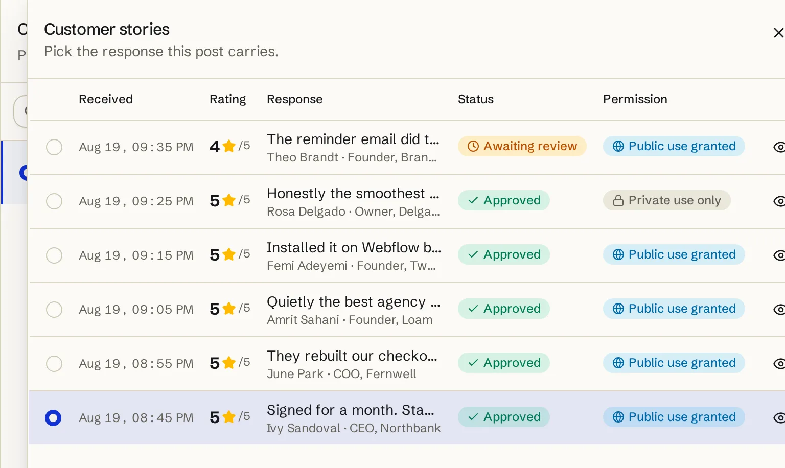 A picker listing six testimonial submissions, each row showing a date, a star rating, the response, a moderation status and a permission badge reading either Public use granted or Private use only