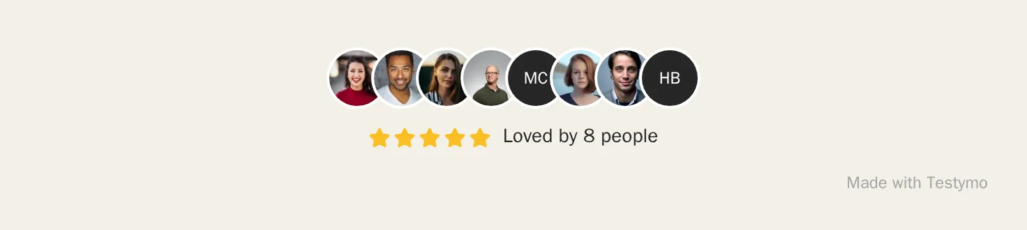 A row of eight overlapping round customer photos above a five-star line reading Loved by 8 people