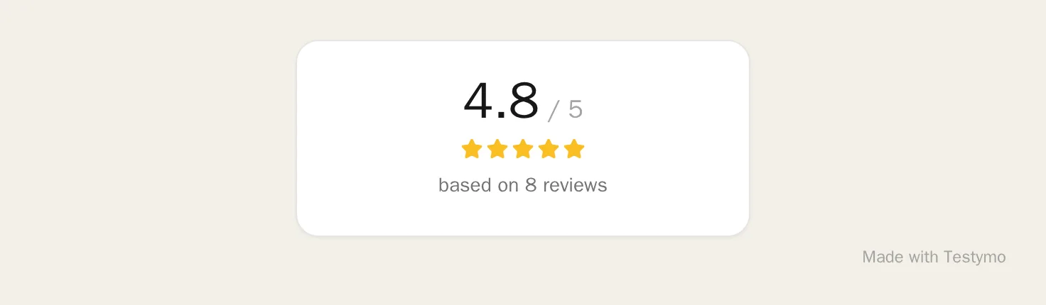 A small white card showing 4.8 out of 5 in large type, five stars, and the line based on 8 reviews