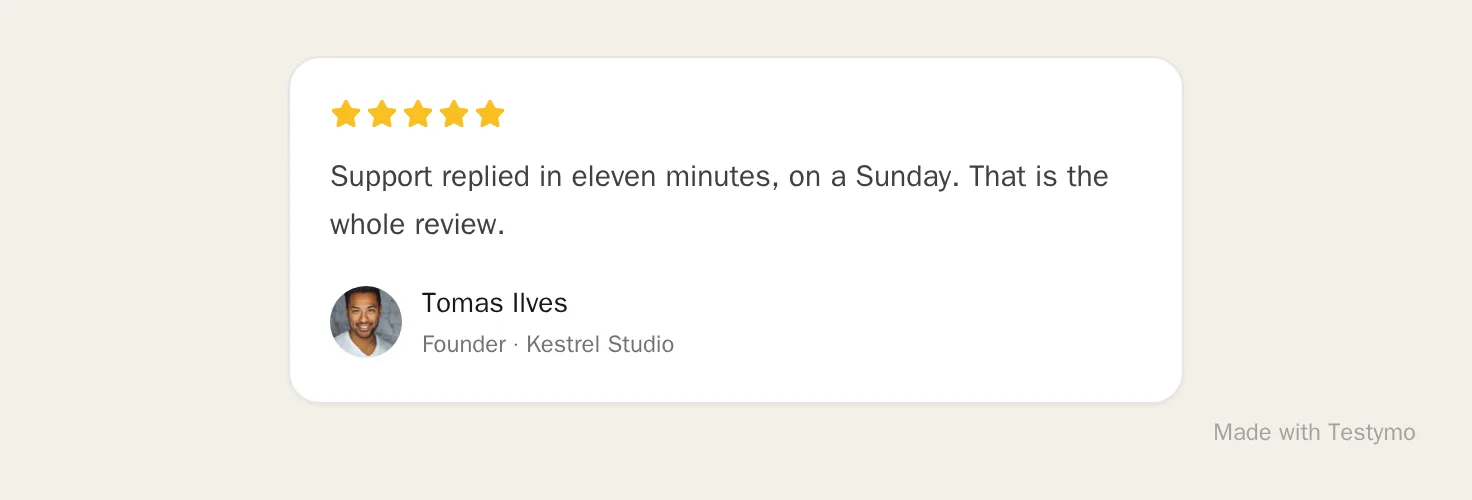 One compact testimonial card: five stars, a two-line quote, a photo, a name and a role