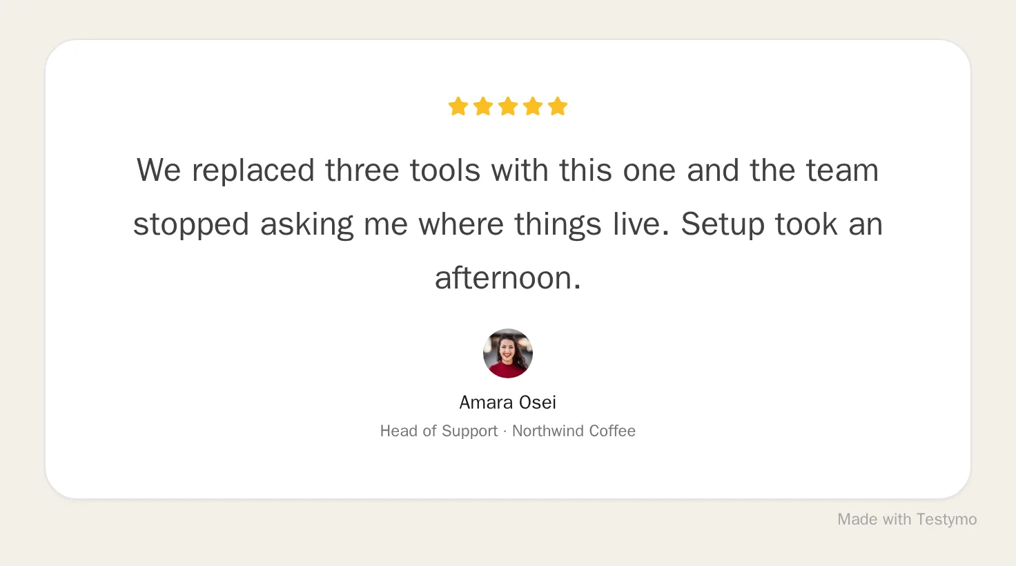 One testimonial set large and centred in a white card: five stars, three lines of quote, then a round photo above the name and role