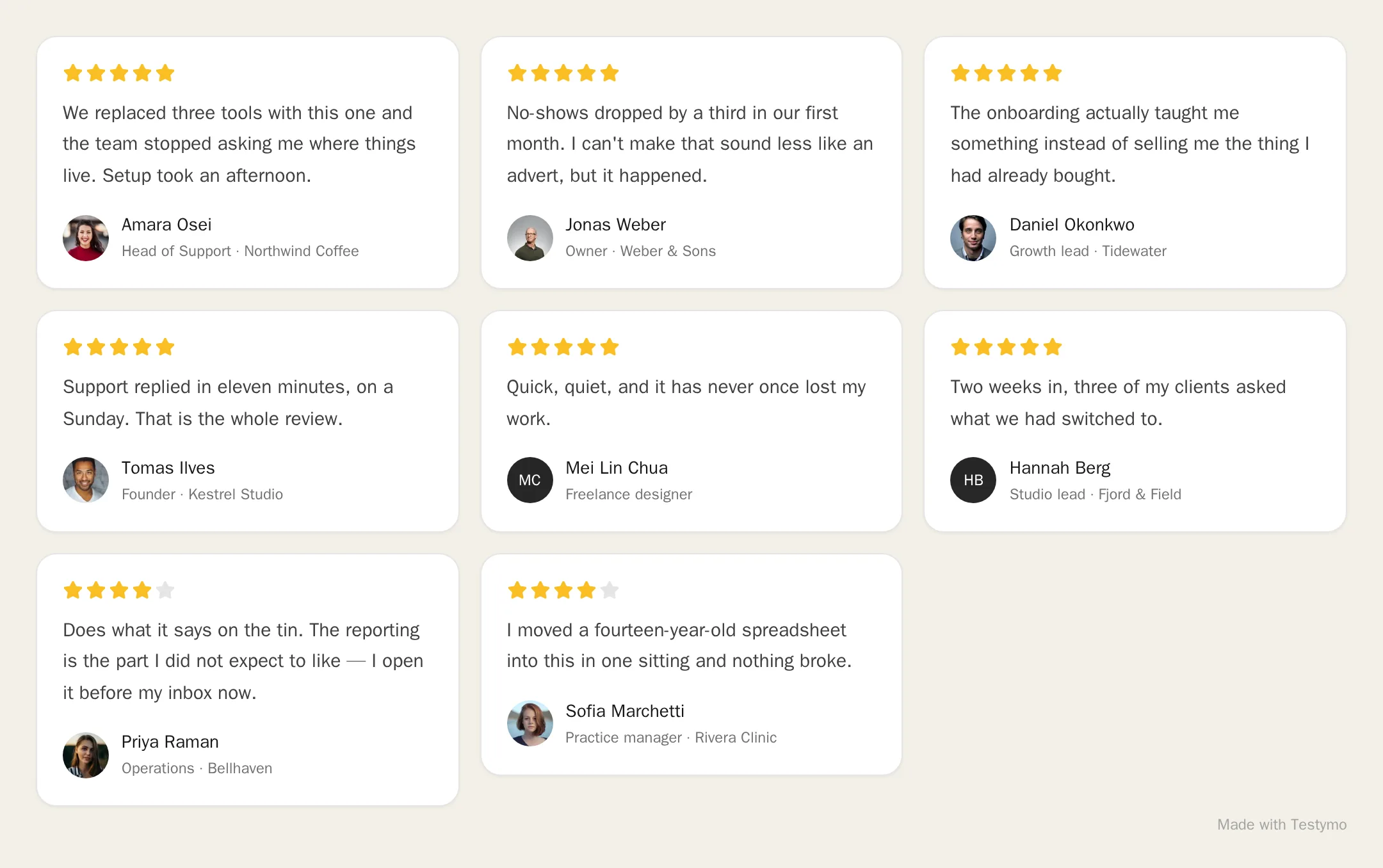 A three-column masonry wall of eight testimonial cards, each with a star rating, a quote, a photo, a name and a role