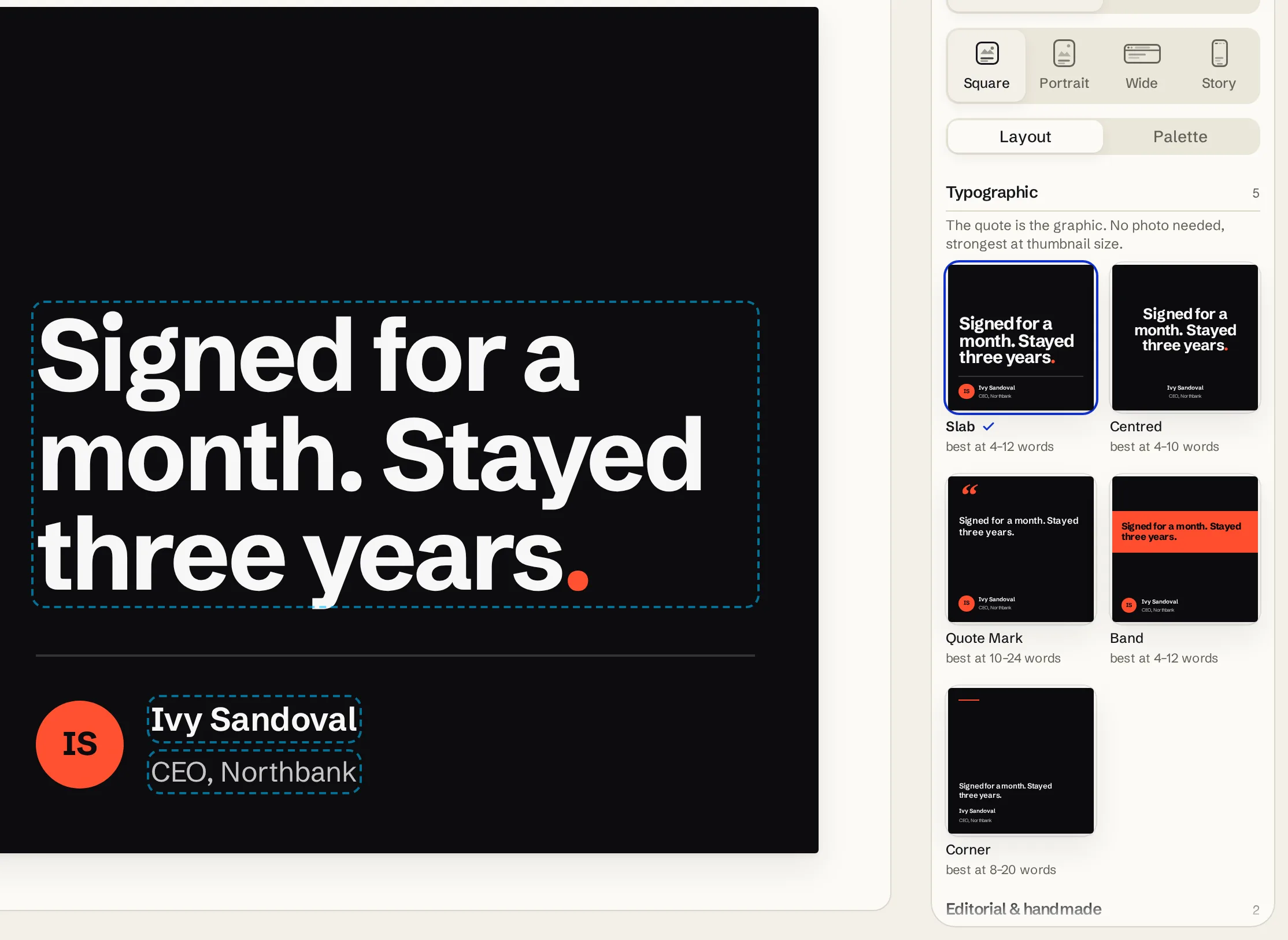 The Post Studio in the Testymo app: a dark square post card reading Signed for a month. Stayed three years. on the stage, beside a design panel drawing the same card in five typographic layouts