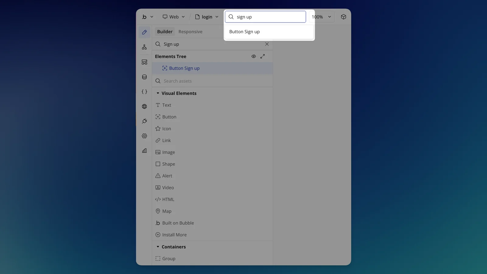 Bubble's element palette with the Visual Elements group open and the HTML element visible in the list