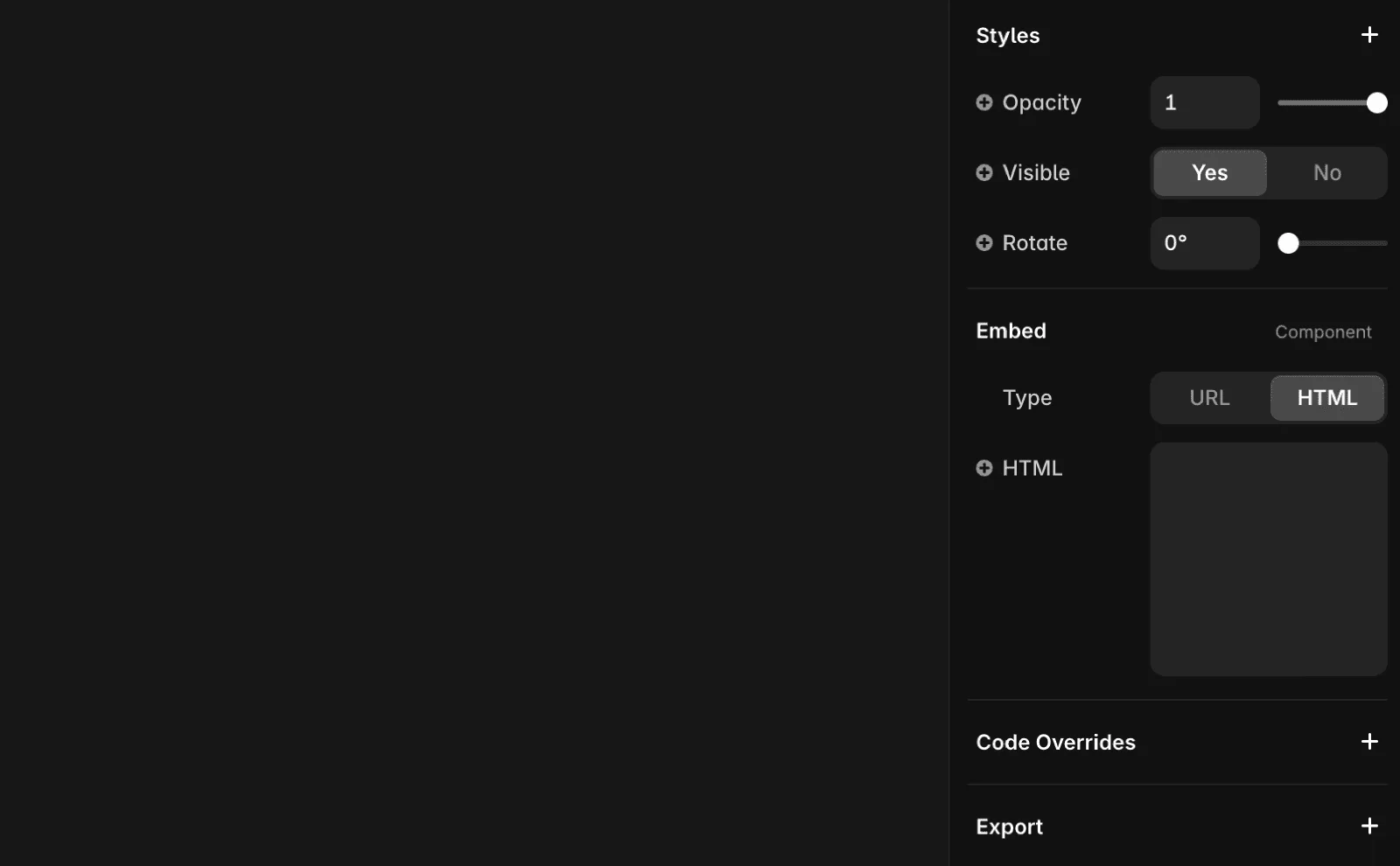The Embed component's properties panel with the Type toggle set to HTML and an empty HTML field