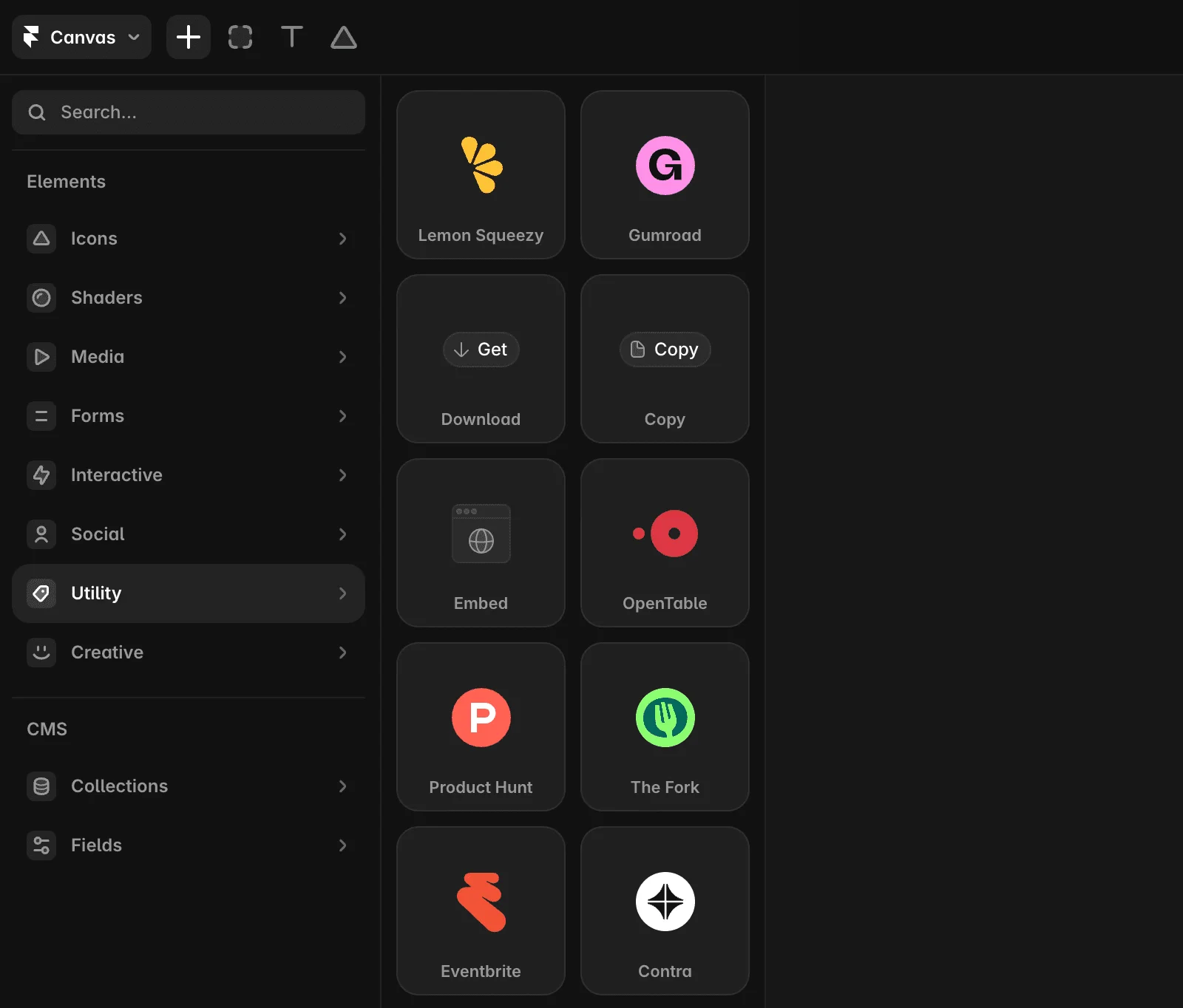 Framer's Insert panel with the Utility group open and the Embed tile visible