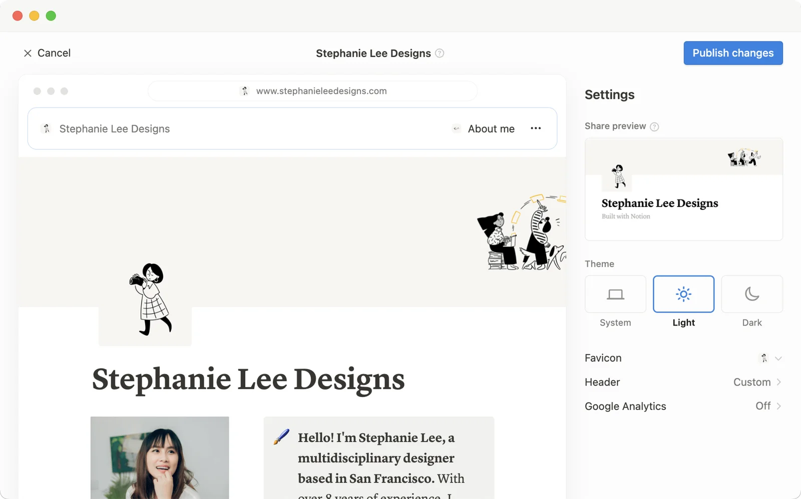 Notion's site-customization settings panel: share preview, theme, favicon, header, and a Google Analytics field — no custom-code option
