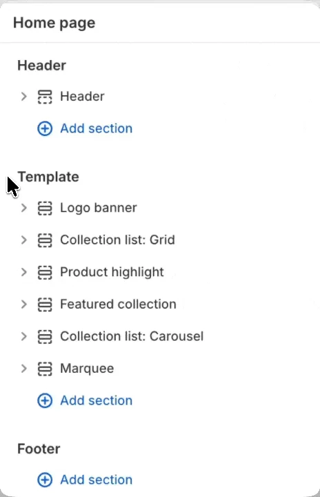 The Shopify theme editor sidebar: Header, Template and Footer groups, each with an Add section button