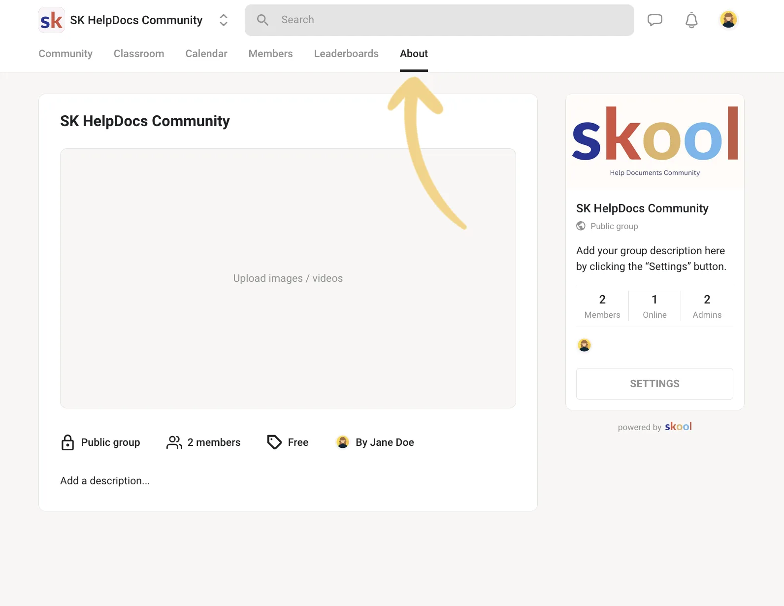 Skool's About page editor: an empty media gallery labeled Upload images / videos above the group description, with no code option anywhere