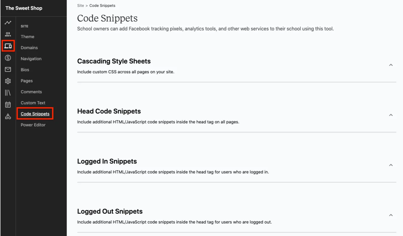 Teachable's Code Snippets screen: CSS, Head Code Snippets, Logged In and Logged Out sections, each described as injecting inside the head tag on all pages