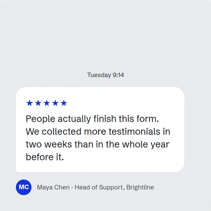 Sample testimonial post in the Chat layout, Slate palette: the whole quote as a message bubble under a Tuesday 9:14 timestamp, a five-star row inside it and the sender line beneath