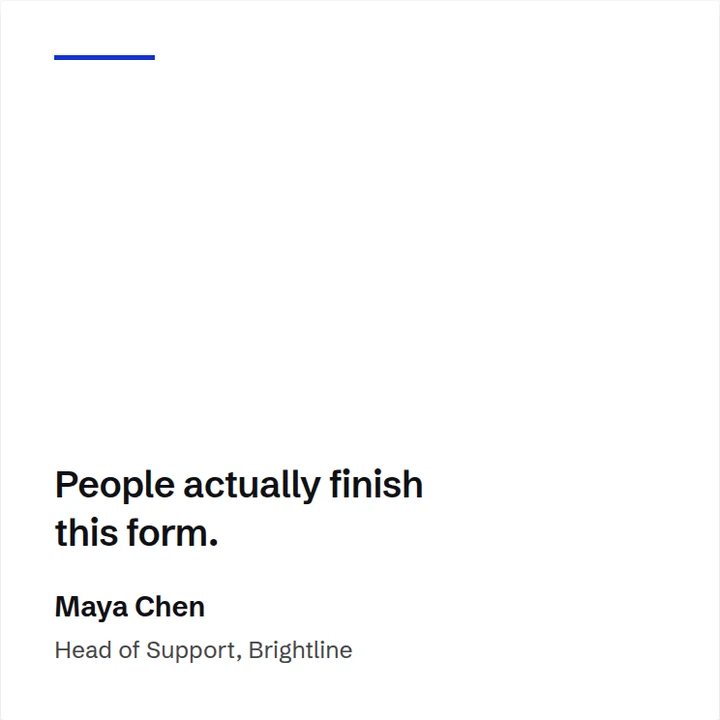 Sample testimonial post in the Corner layout, Bleach palette: a short blue rule in the top corner of a white card, the excerpt and attribution set low in the opposite corner