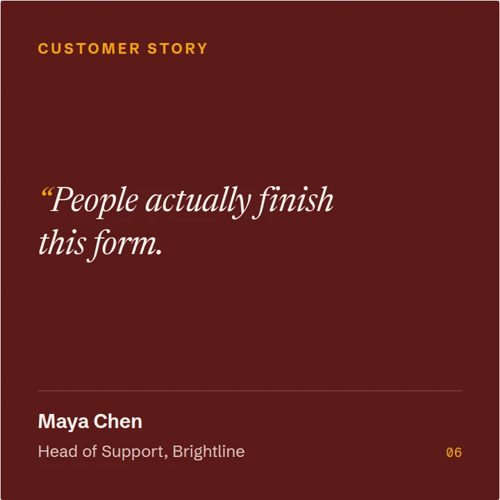 Sample testimonial post in the Editorial layout, Oxblood palette: a Customer Story kicker, the excerpt in italic serif on a deep oxblood ground, a numbered stamp in the corner