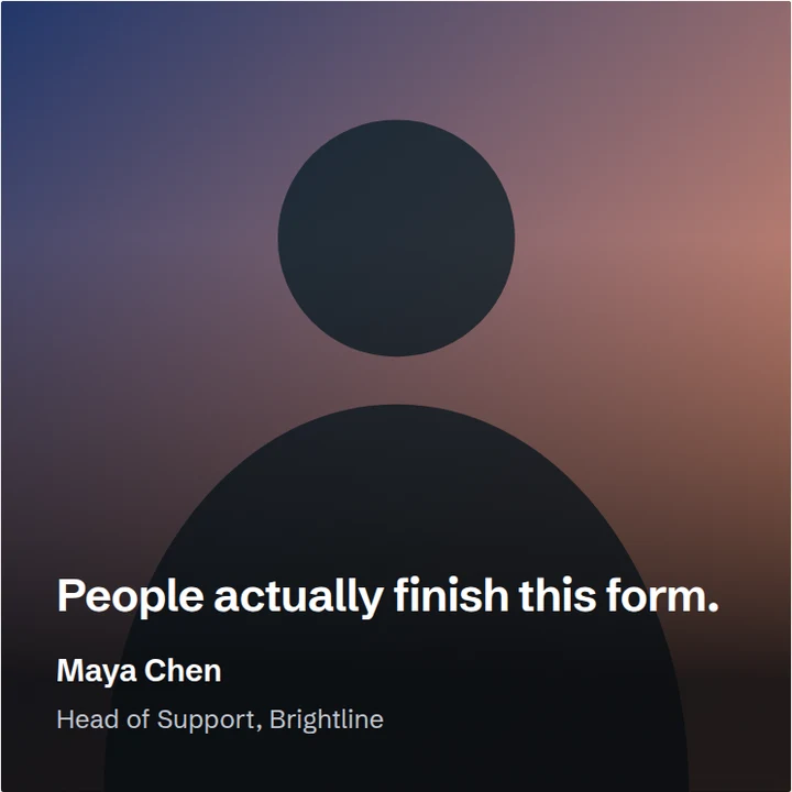 Sample testimonial post in the Portrait layout, Night palette: a full-bleed duotone placeholder silhouette with the excerpt and attribution overlaid at the foot