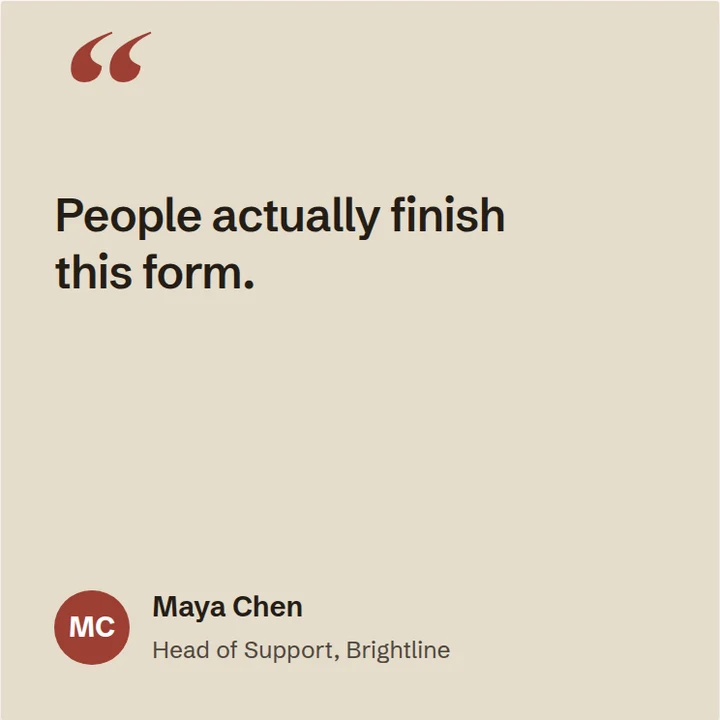 Sample testimonial post in the Quote Mark layout, Sand palette: an oversized rust quotation mark above the excerpt, an initials avatar and attribution at the foot