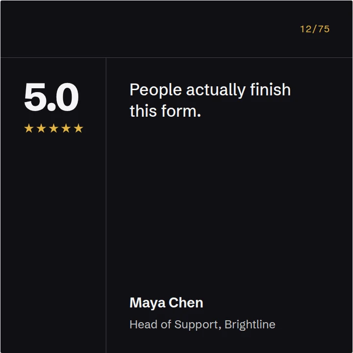 Sample testimonial post in the Swiss Rule layout, Obsidian palette: a ruled grid holding a 5.0 rating with gold stars beside the excerpt, a 12 of 75 stamp in the head row