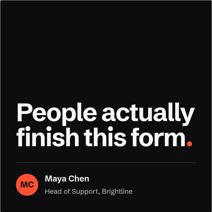 Sample testimonial post in the Slab layout, Ink palette: a short excerpt set huge in white on a near-black ground, the full stop in orange, attributed to a sample customer with an initials avatar