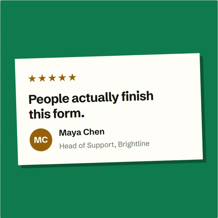Sample testimonial post in the Sticker layout, Forest palette: a tilted cream card carrying a five-star row, the excerpt and an initials avatar, floating on a green ground